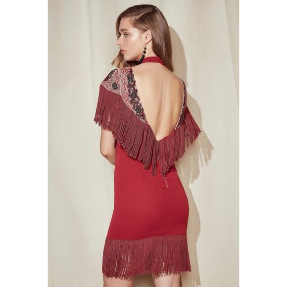 Nasty Gal Alexandra Red Fringe Beaded Embellished Dress Size 2 New - Picture 2 of 8